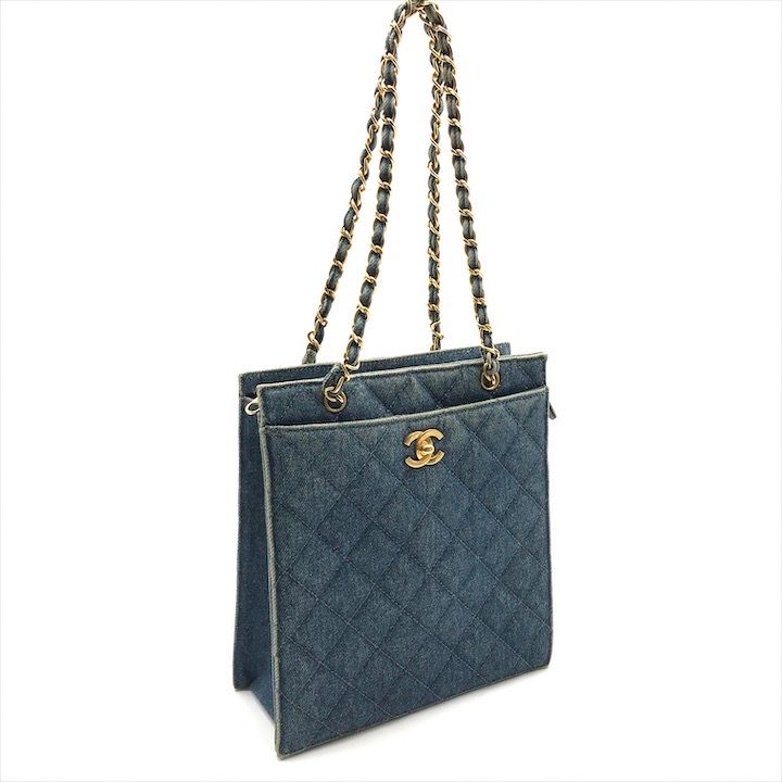 Chanel CC Logo Denim Quilted Vintage Chain Tote Shoulder Bag Blue — view 2