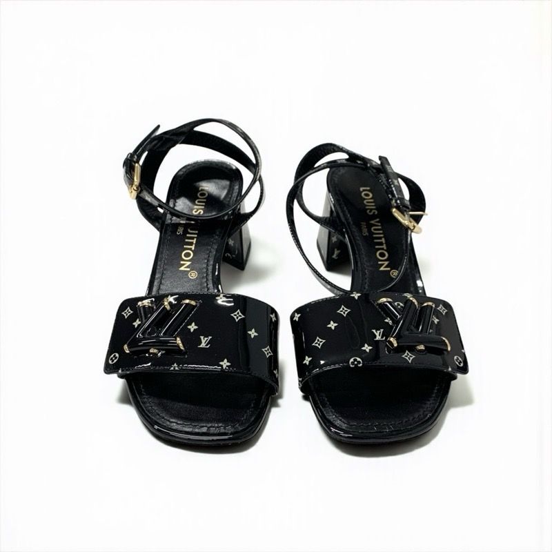 Louis Vuitton Shakeline Monogram Sandals Shoes Patent Black Gold LV Logo — view 2