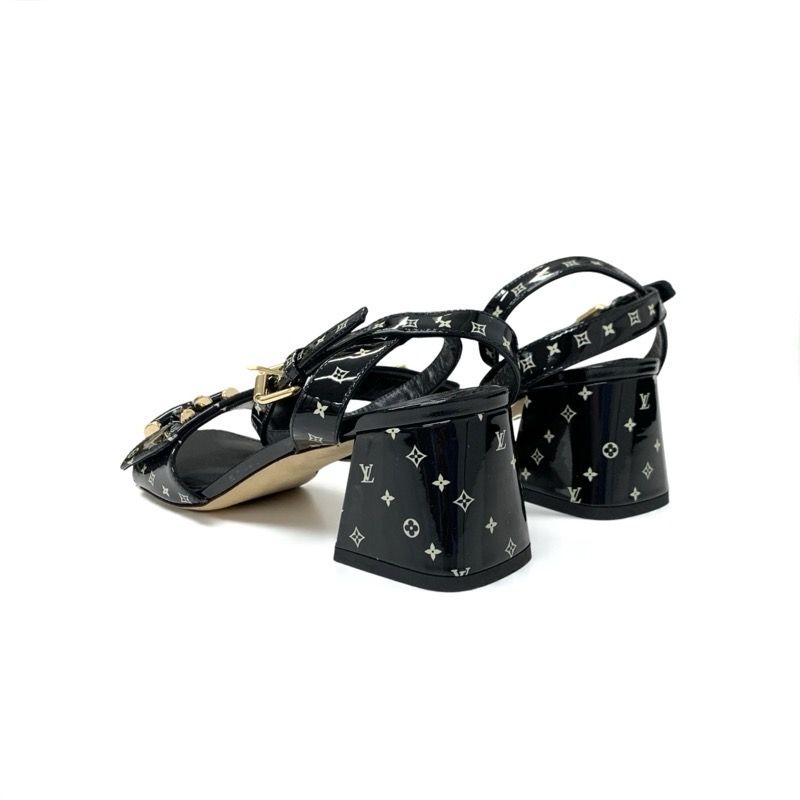 Louis Vuitton Shakeline Monogram Sandals Shoes Patent Black Gold LV Logo — view 4