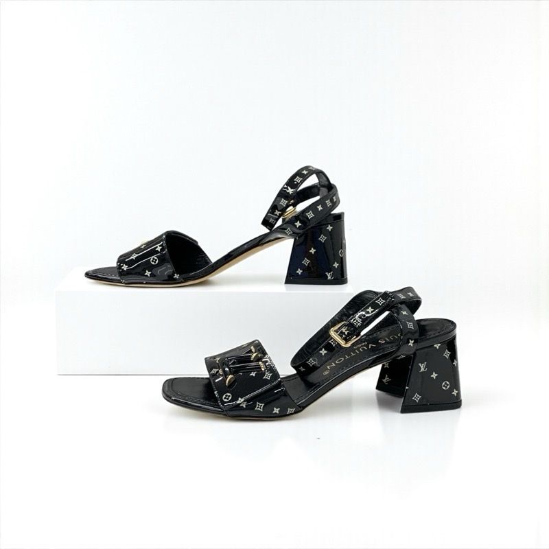 Louis Vuitton Shakeline Monogram Sandals Shoes Patent Black Gold LV Logo — view 3