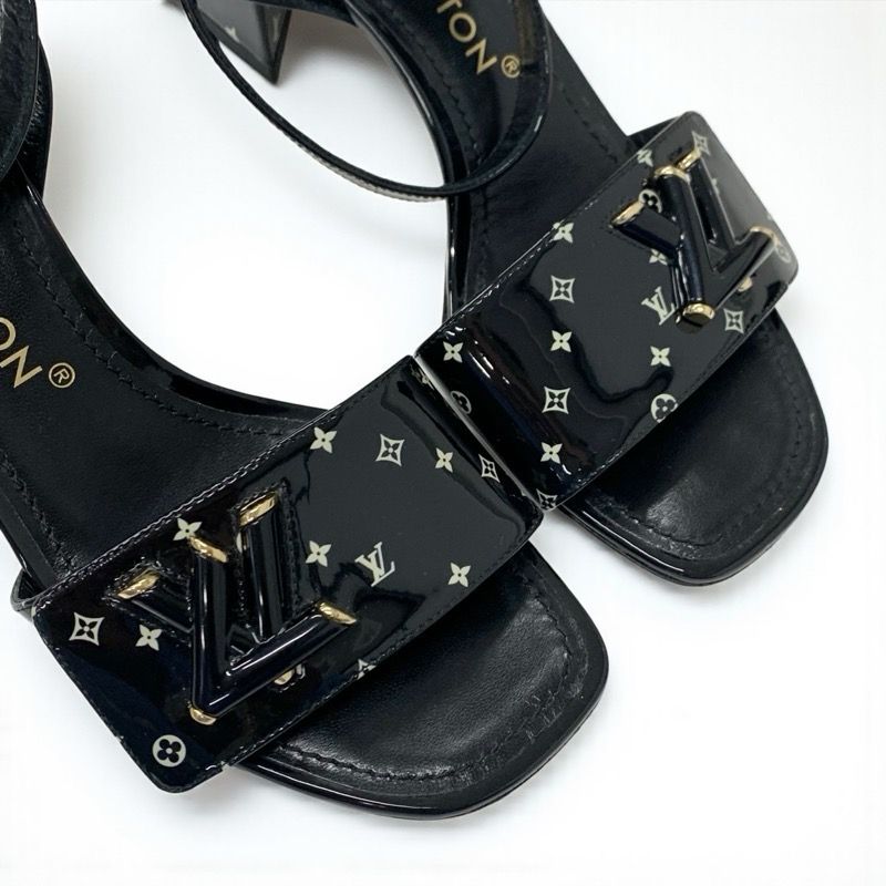 Louis Vuitton Shakeline Monogram Sandals Shoes Patent Black Gold LV Logo — view 9