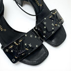 Louis Vuitton Shakeline Monogram Sandals Shoes Patent Black Gold LV Logo — view 9