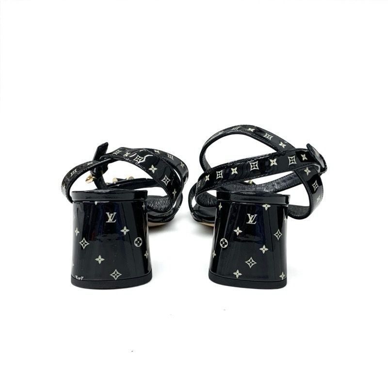 Louis Vuitton Shakeline Monogram Sandals Shoes Patent Black Gold LV Logo — view 5