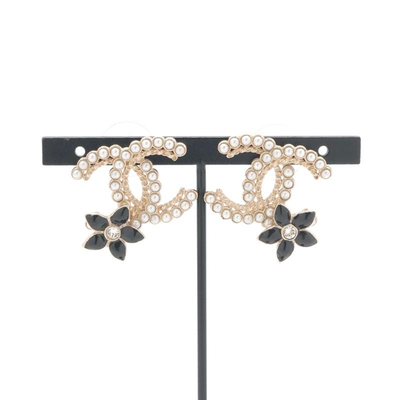 Chanel Earrings Gold Black CC Logo Rhinestone Flower — view 6