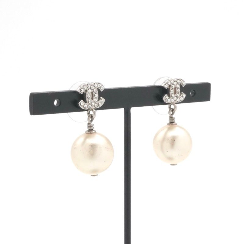 Chanel Earrings Silver CC Logo Rhinestone — view 7