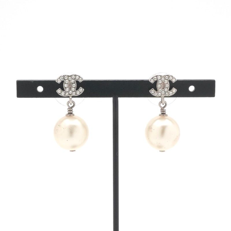 Chanel Earrings Silver CC Logo Rhinestone — view 6
