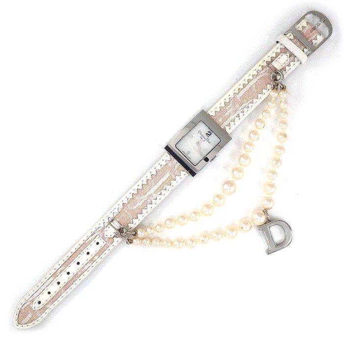 Dior Christian Watch Maris Square White Shell Dial Pearl Chain D Logo — view 3