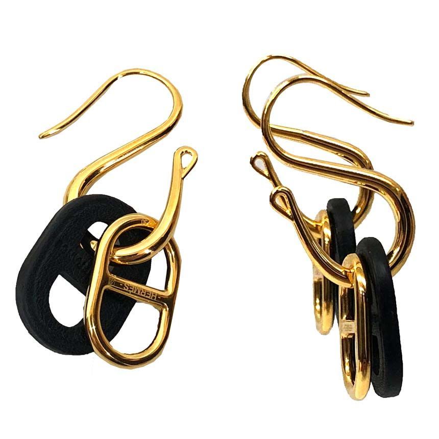 Hermes Au Maillon Chaine D'ancre Swing Earrings Gold Black New Vintage — view 2