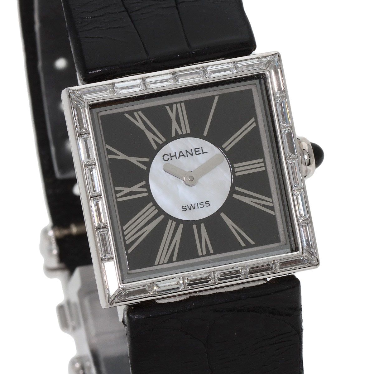 Chanel Mademoiselle Diamond Bezel Watch 18K White Gold Leather — view 4