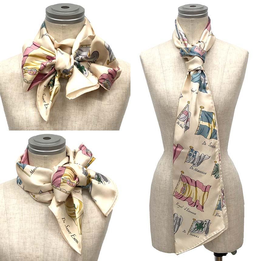 Hermes Silk Maxi Twill Pavois Flag Pattern Long Scarf Cream Beige — view 2