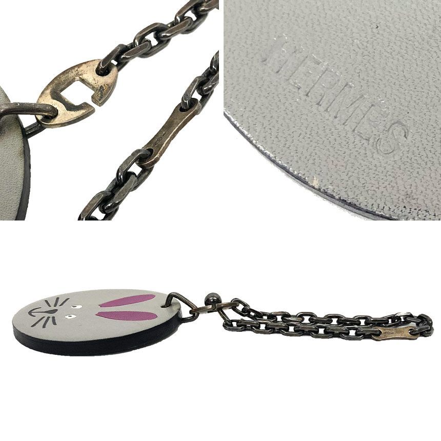 Hermes Rabbit Charm Key Holder Chain Leather Gray Animal — view 3