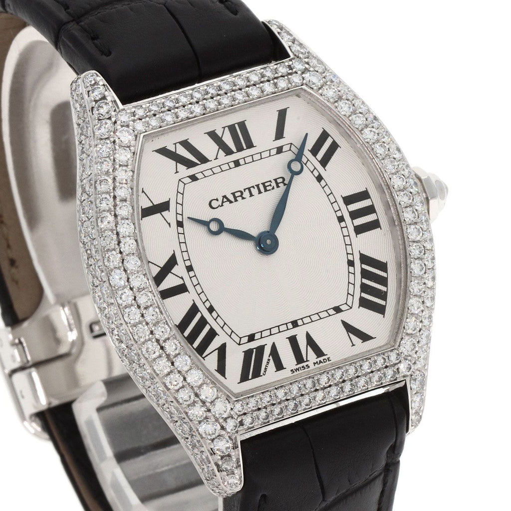 Cartier Tortu LM Case Bezel Diamond Watch 18K White Gold Leather — view 4