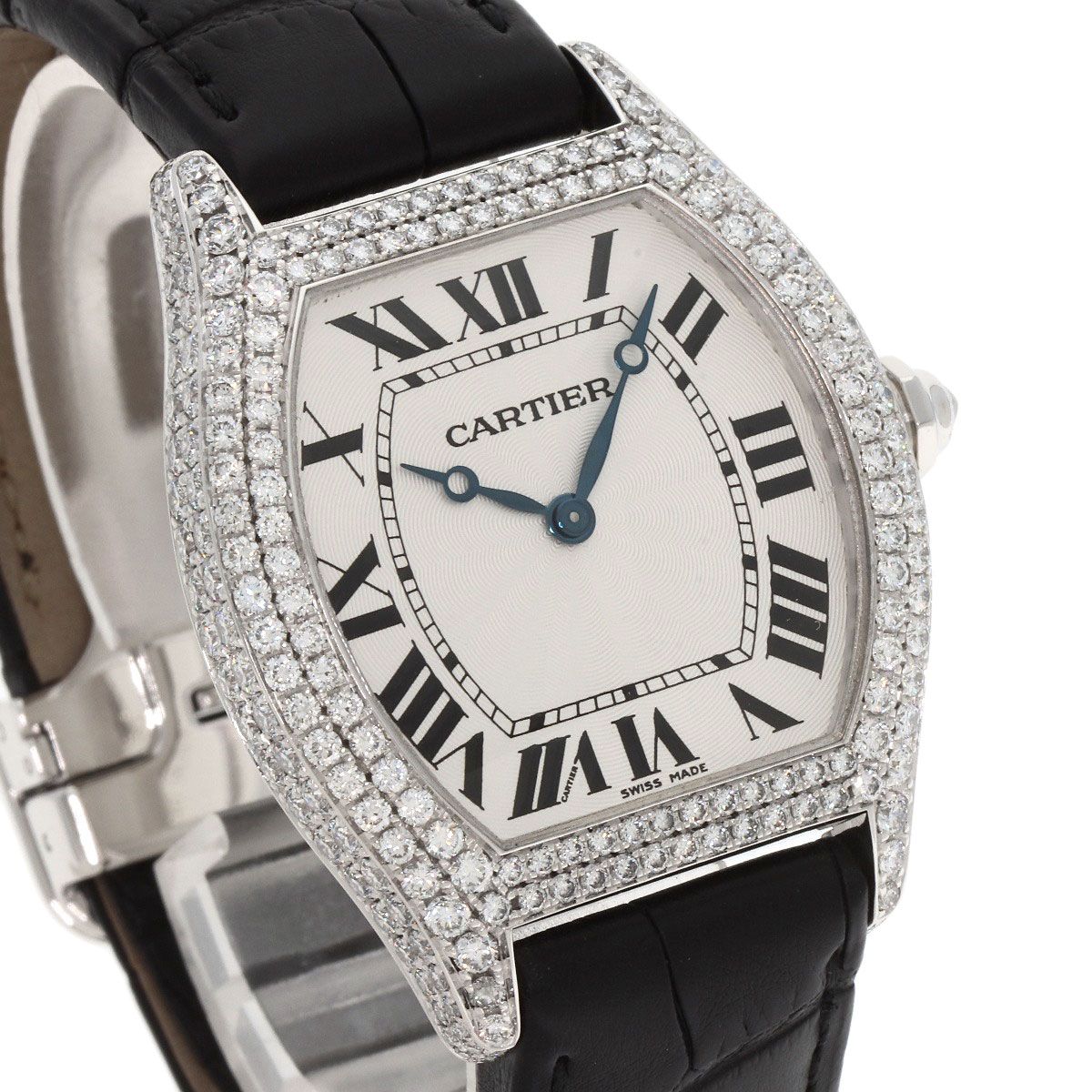 Cartier Tortu LM Case Bezel Diamond Watch 18K White Gold Leather — view 4