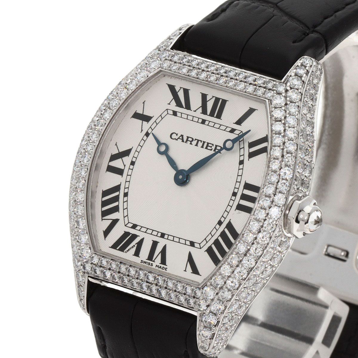 Cartier Tortu LM Case Bezel Diamond Watch 18K White Gold Leather — view 3