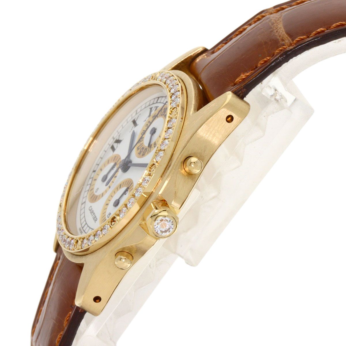 Cartier Santos Round Chrono Reflex Watch 18K Yellow Gold Leather Diamond — view 5