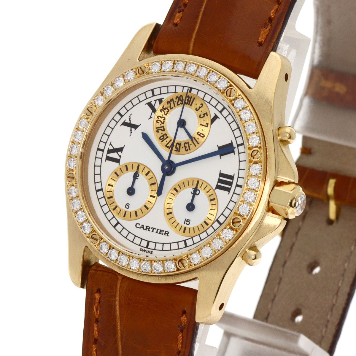 Cartier Santos Round Chrono Reflex Watch 18K Yellow Gold Leather Diamond — view 3