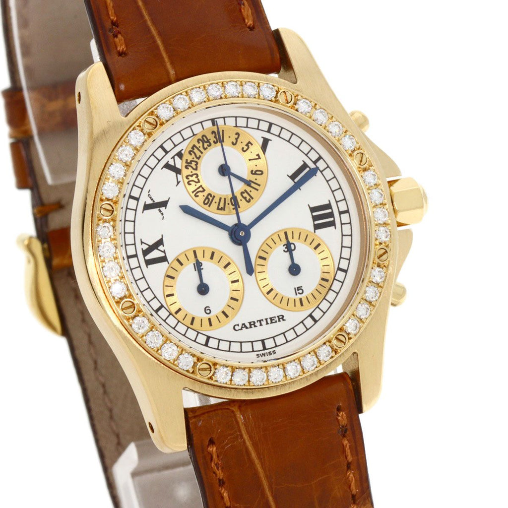 Cartier Santos Round Chrono Reflex Watch 18K Yellow Gold Leather Diamond — view 4