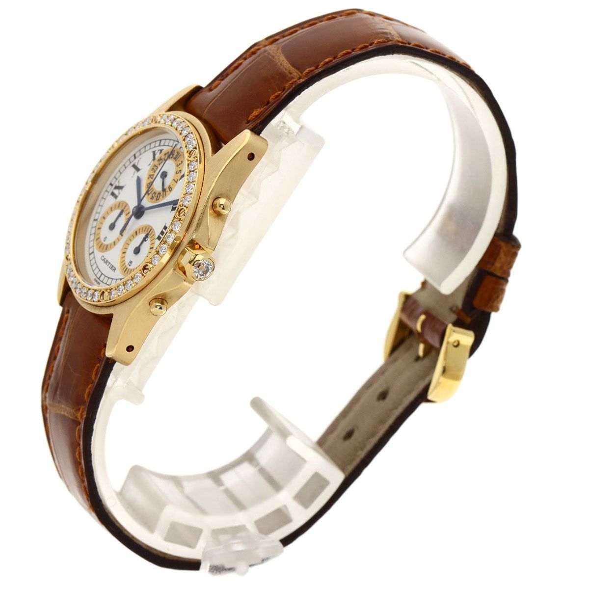 Cartier Santos Round Chrono Reflex Watch 18K Yellow Gold Leather Diamond — view 2
