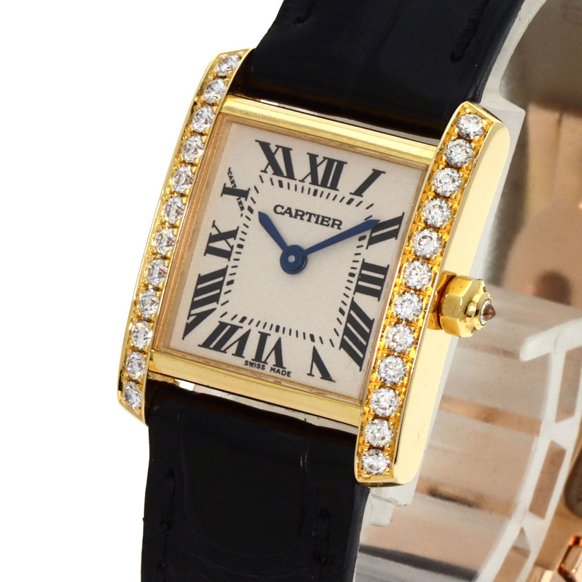 Cartier Tank Francaise SM Watch 18K Yellow Gold Leather Diamond — view 3