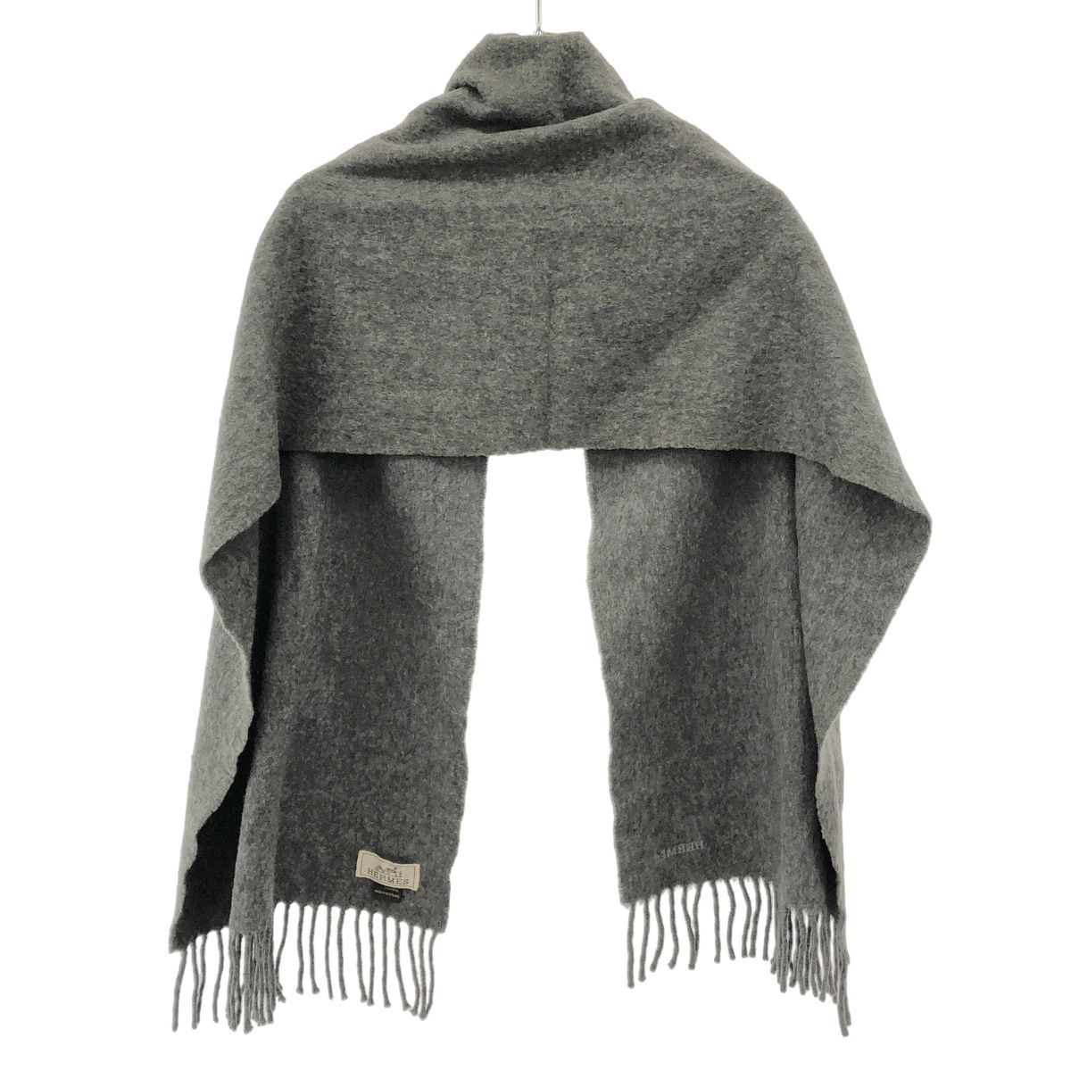 Hermes Cashmere Fringe Muffler Gray Scarf — view 2