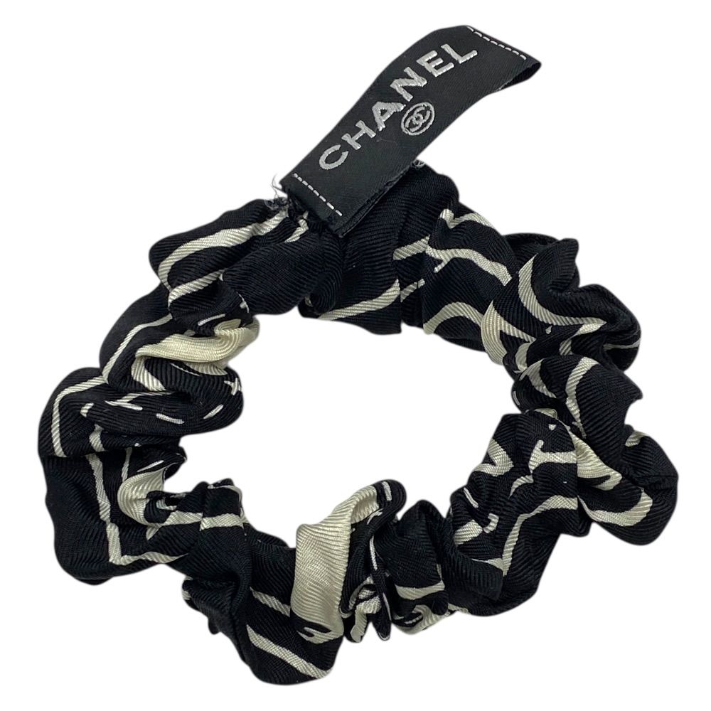 Chanel Scrunchie Hair Tie CC Logo Silk Black White — view 2