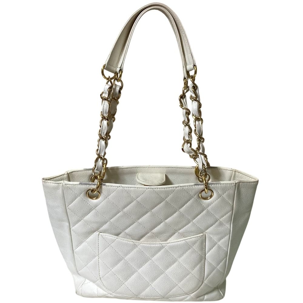 Chanel CC Logo Quilted Caviar Leather Chain Shoulder Bag White — view 2