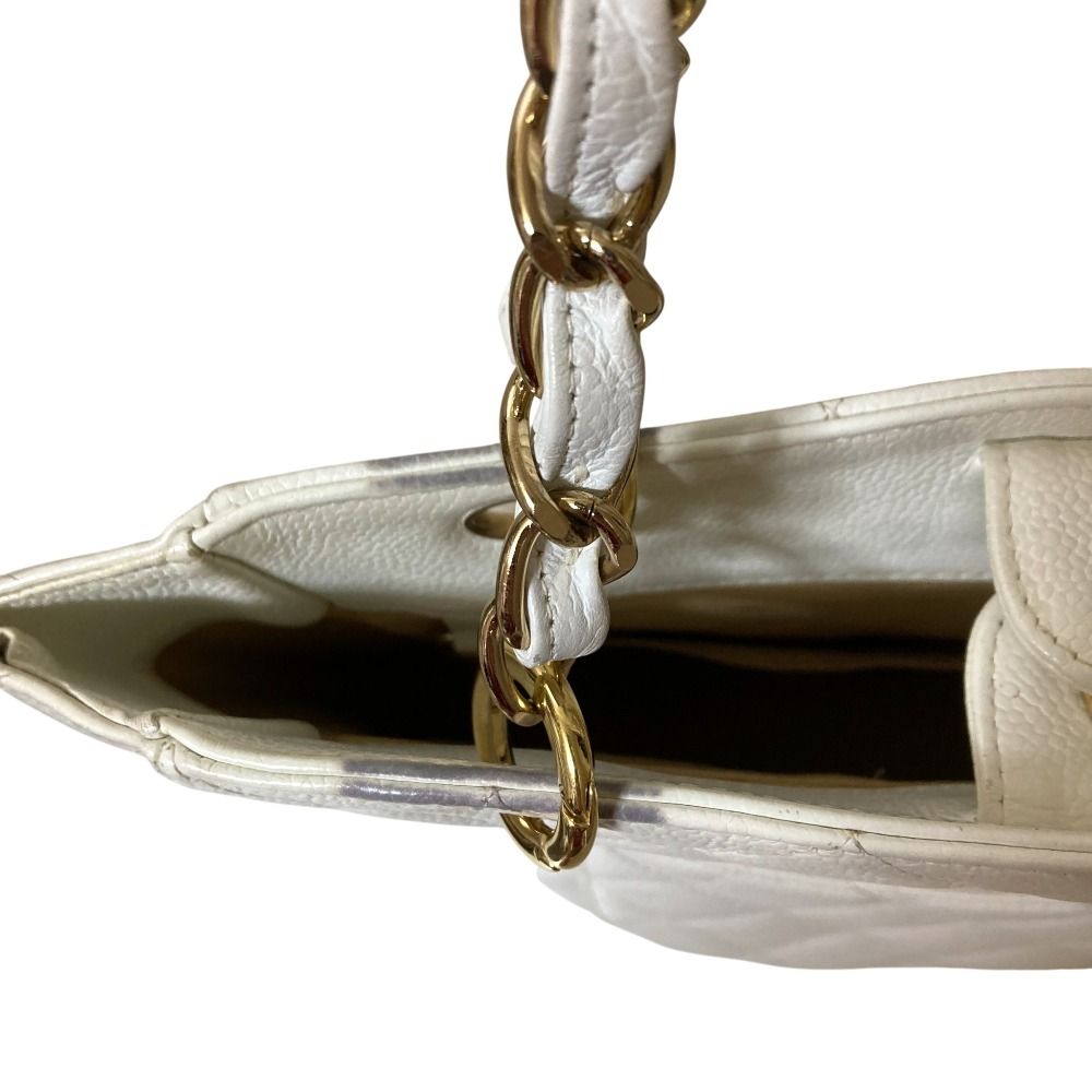 Chanel CC Logo Quilted Caviar Leather Chain Shoulder Bag White — view 9
