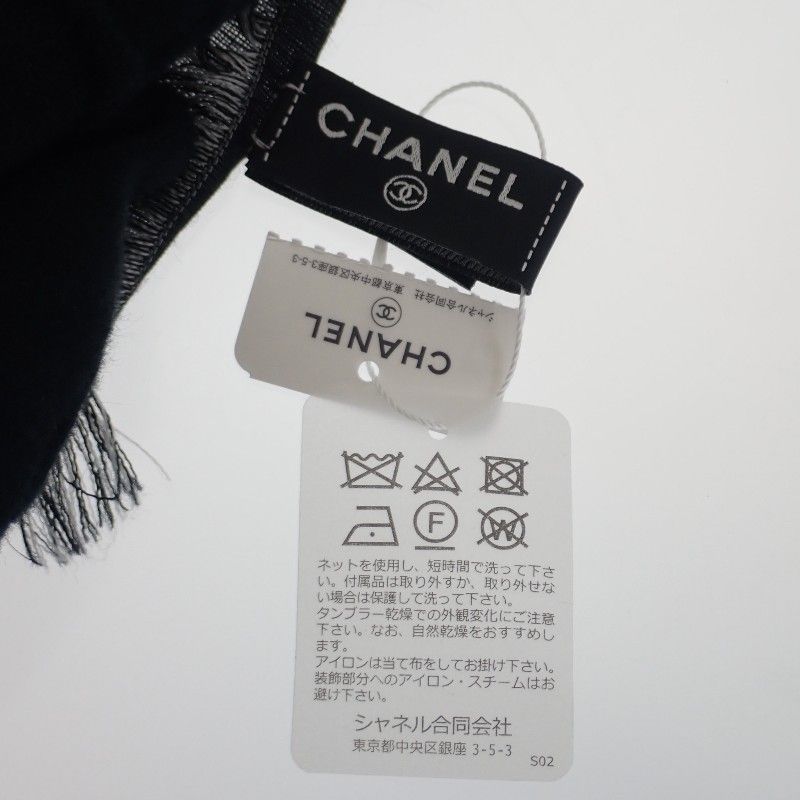 Chanel Logo Muffler CC Wool Silk Black Scarf