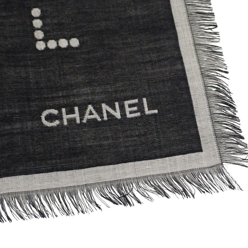 Chanel Logo Muffler CC Wool Silk Black Scarf