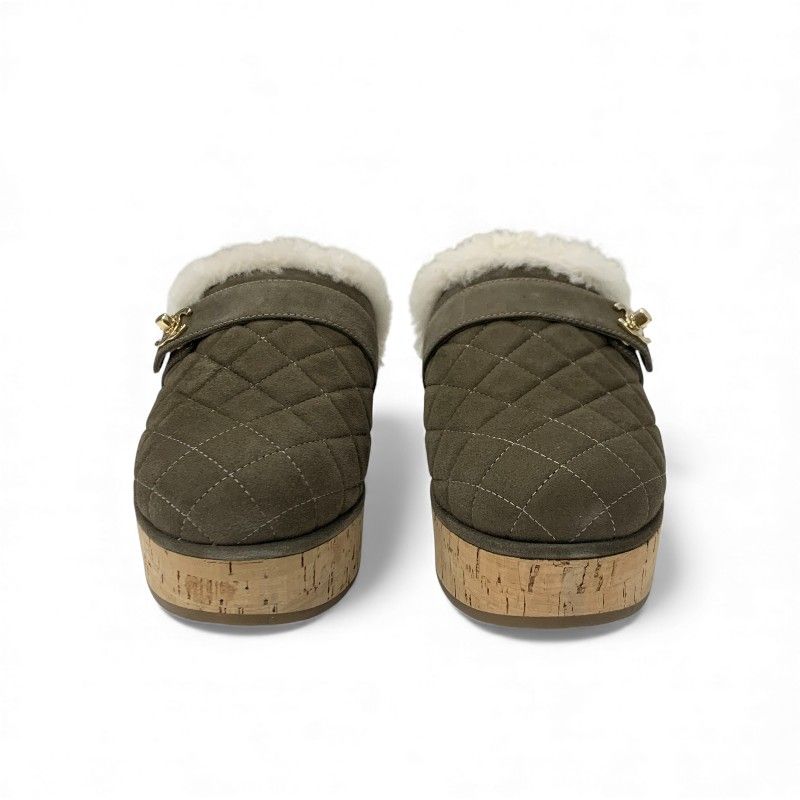 Chanel Sandals Shoes Suede Mouton Cork Khaki Brown Gold CC Logo Quilted — view 2