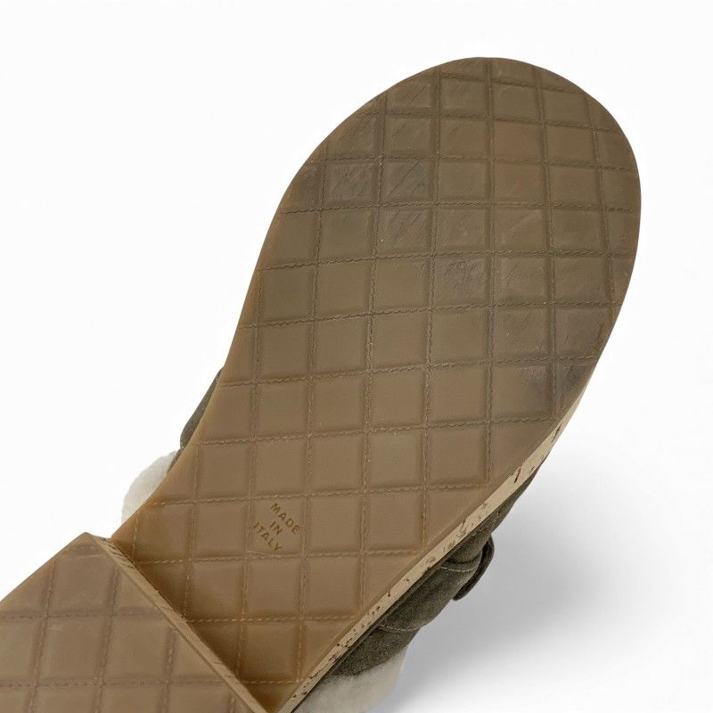 Chanel Sandals Shoes Suede Mouton Cork Khaki Brown Gold CC Logo Quilted — view 8
