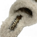 Chanel Sandals Shoes Suede Mouton Cork Khaki Brown Gold CC Logo Quilted — view 7