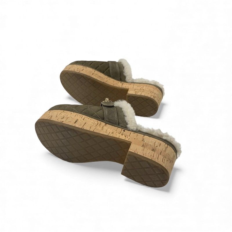 Chanel Sandals Shoes Suede Mouton Cork Khaki Brown Gold CC Logo Quilted — view 6