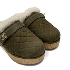 Chanel Sandals Shoes Suede Mouton Cork Khaki Brown Gold CC Logo Quilted — view 9