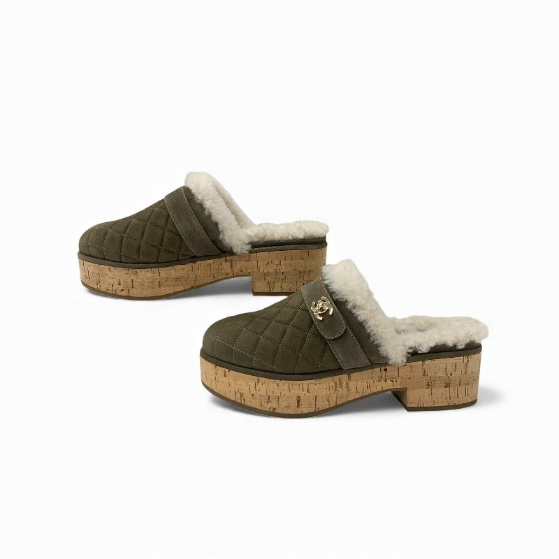 Chanel Sandals Shoes Suede Mouton Cork Khaki Brown Gold CC Logo Quilted — view 3