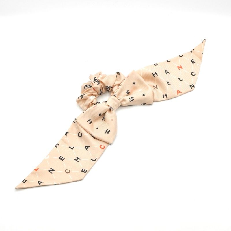 Chanel Hair Silk Beige CC Logo Ribbon Scrunchie Tie — view 2