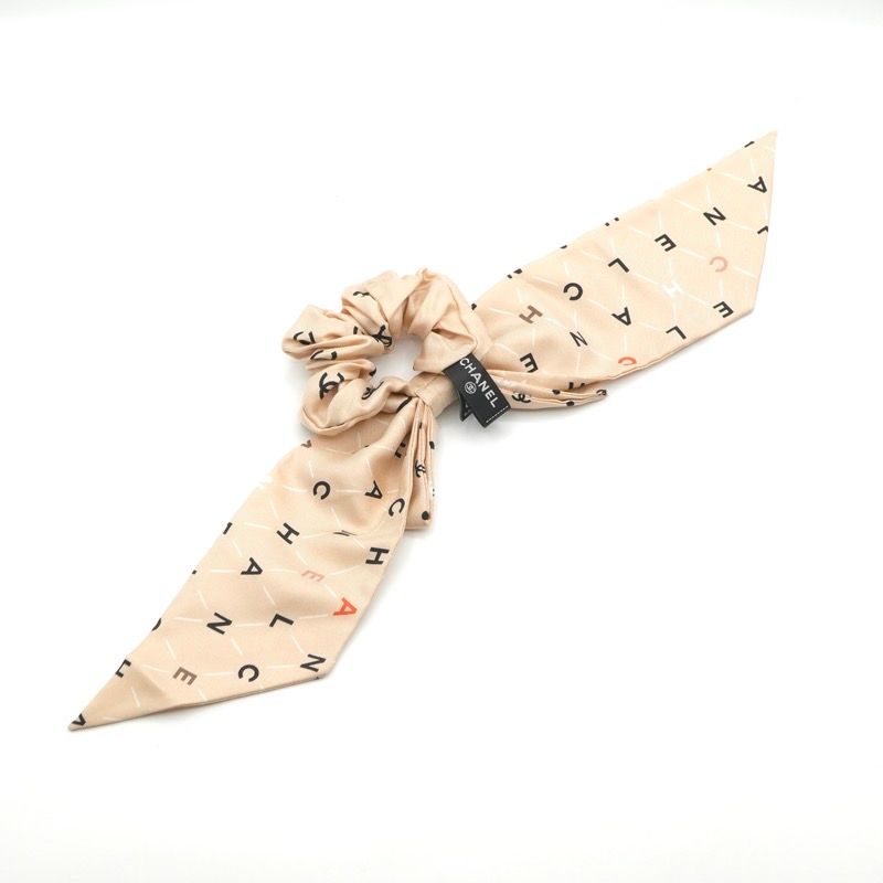 Chanel Hair Silk Beige CC Logo Ribbon Scrunchie Tie — view 3