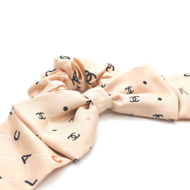 Chanel Hair Silk Beige CC Logo Ribbon Scrunchie Tie — view 4