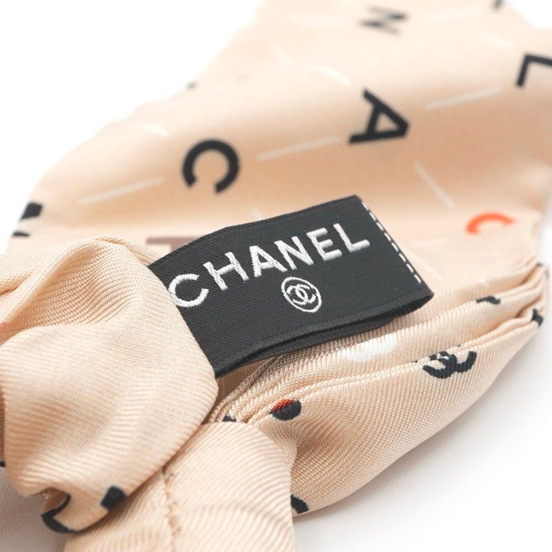 Chanel Hair Silk Beige CC Logo Ribbon Scrunchie Tie — view 6