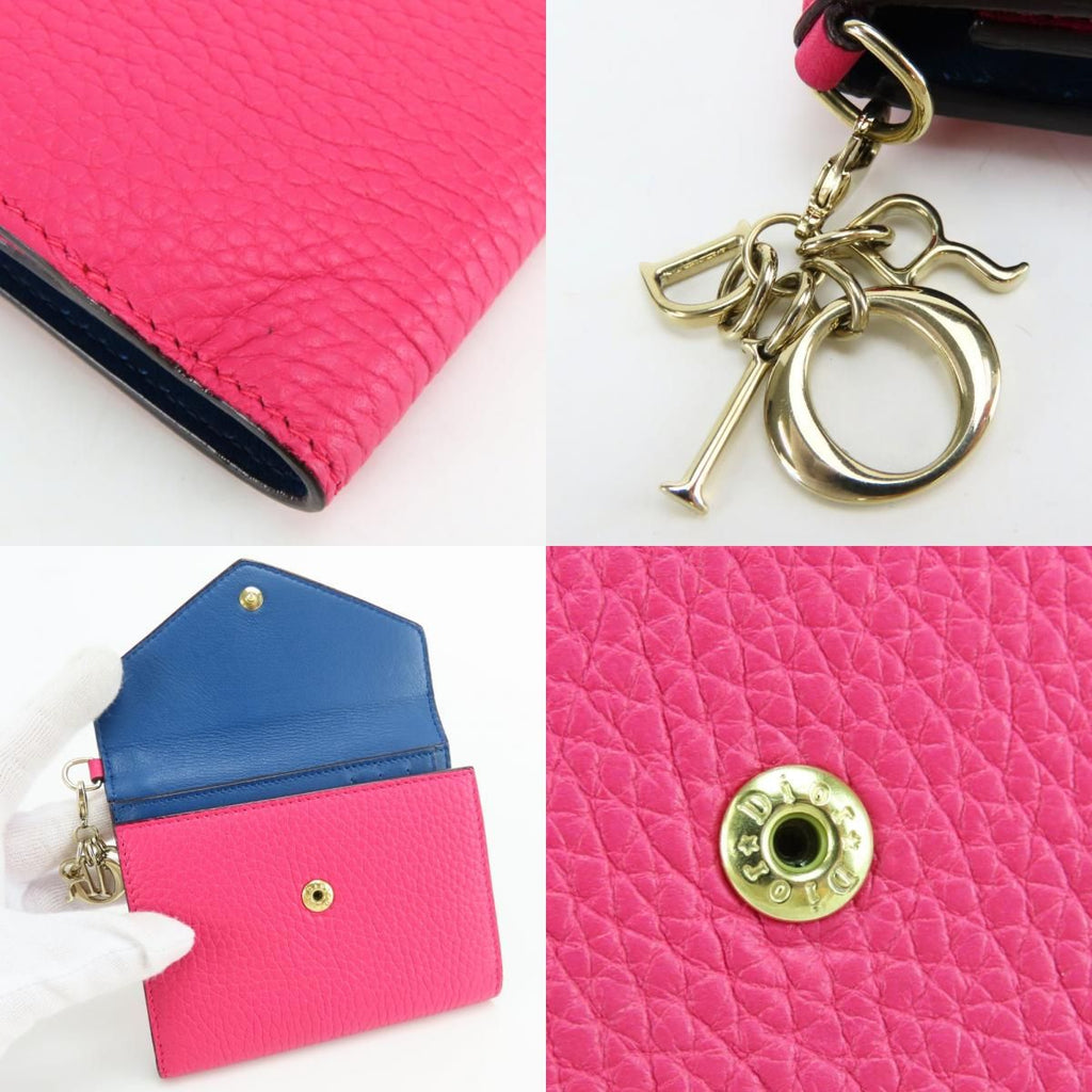Dior Christian Trifold Wallet Compact Leather Pink Navy with Charm — view 5