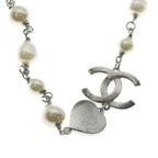 Chanel CC Logo Pearl Necklace Heart Pendant Chain Silver White — view 5