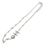 Chanel CC Logo Pearl Necklace Heart Pendant Chain Silver White — view 2