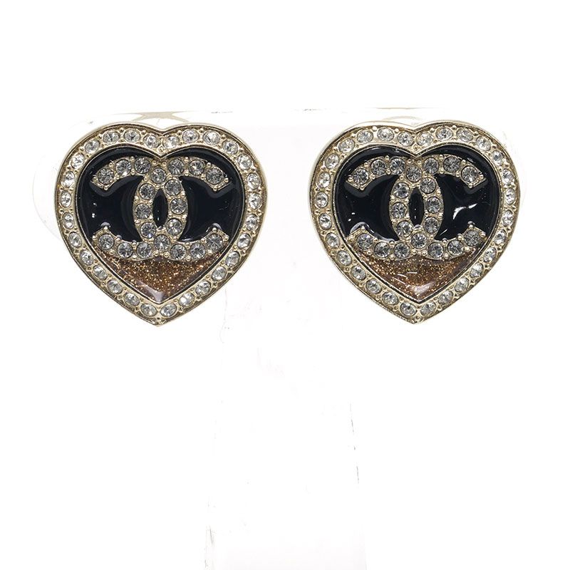 Chanel Heart Earrings CC Logo Rhinestone Gold Black — view 2
