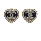Chanel Heart Earrings CC Logo Rhinestone Gold Black
