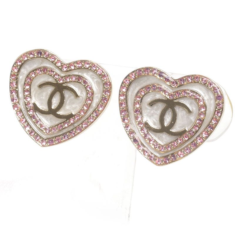 Chanel Heart Earrings CC Logo Rhinestone Gold Pink — view 2