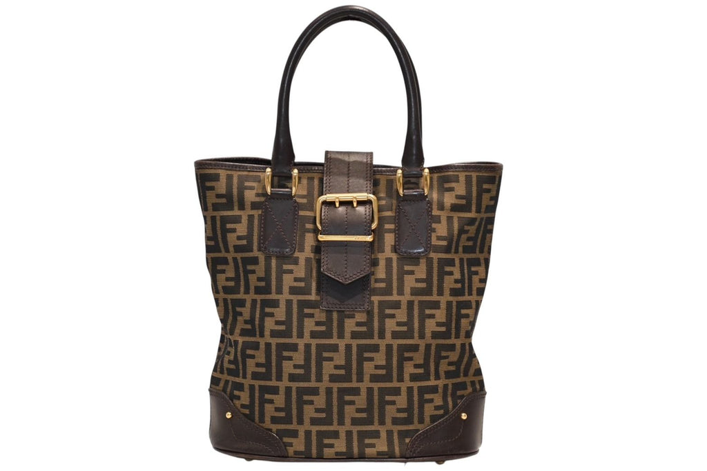 Fendi Handbag Zucca Pattern Canvas Leather Brown Gold