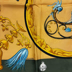 Hermes Carre 90 Plumes Et Grelots Feather and Bell Scarf Green 100% Gold Silk — view 7