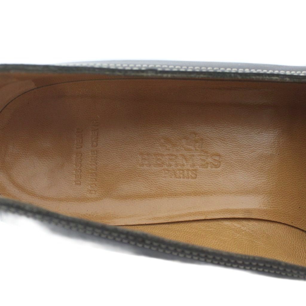 Hermes Loafers Moccasins Leather Square Toe Logo 36 Black XZ — view 7