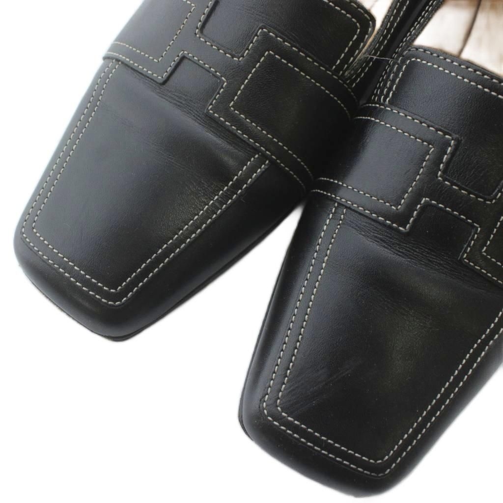 Hermes Loafers Moccasins Leather Square Toe Logo 36 Black XZ — view 3