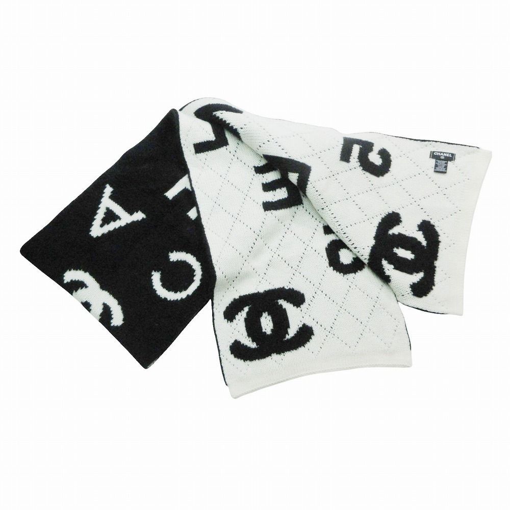 Chanel CC Logo Muffler Cashmere Wool Black Ivory 30 Scarf — view 4